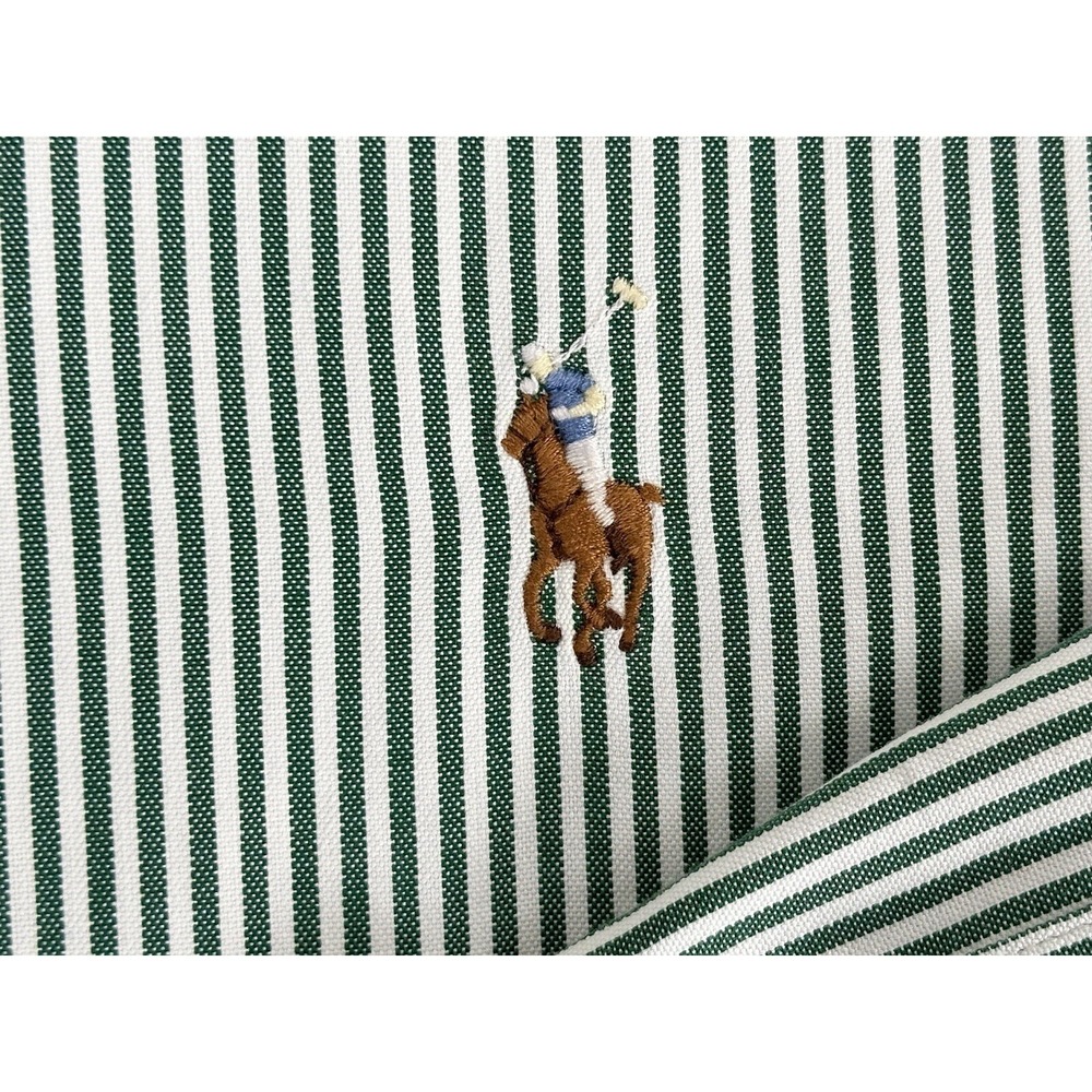 Ralph Lauren Shirt Mens 16.5 32/33 Green Striped Long Sl 100% Cotton Flesh Pony - Picture 6 of 7